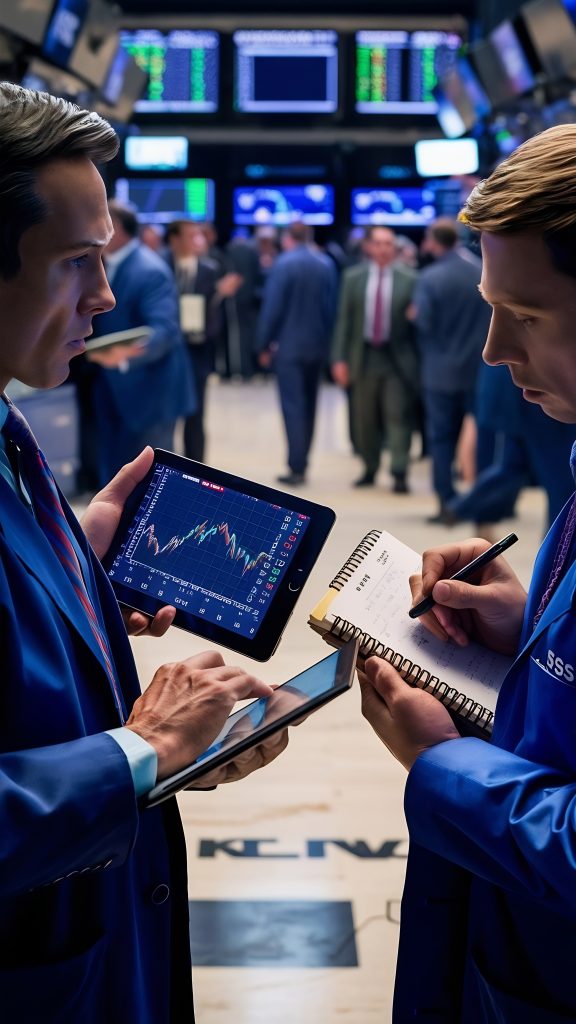 two-stock-exchange-traders-discussing-dynamic-investment-graph-sellable